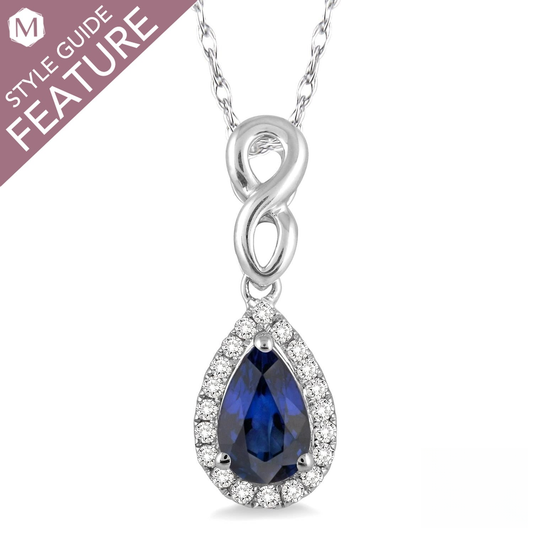 Pear sapphire necklace with diamond halo.