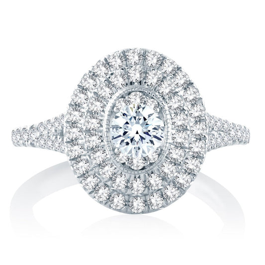 Halo engagement ring with round diamond centerpiece.