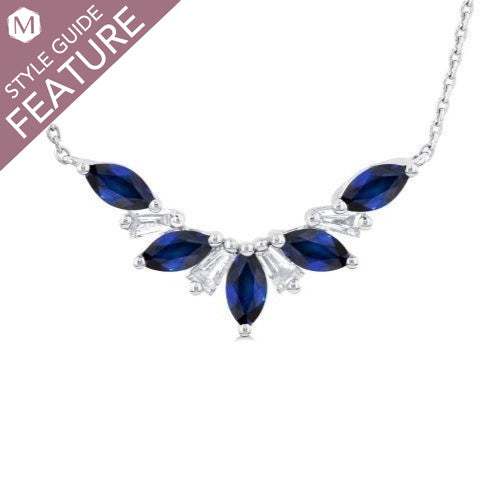 Marquise sapphire necklace with baguette diamonds.