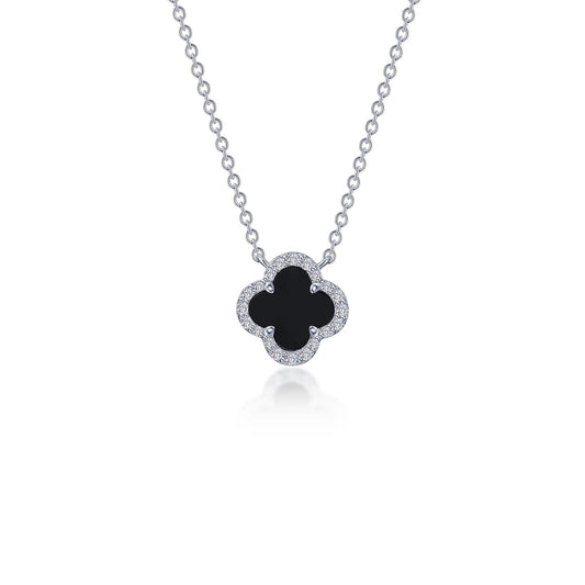 Clover-shaped onyx necklace with simulated diamonds.