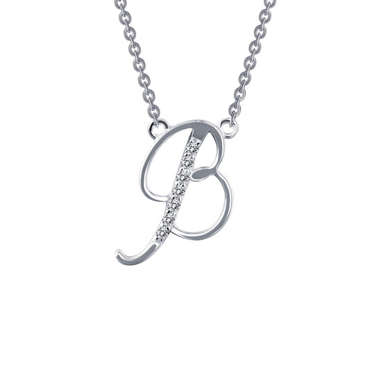Simulated diamond "B" necklace in platinum silver.