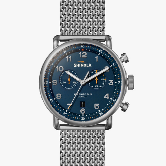 Stainless steel watch, dark blue dial.