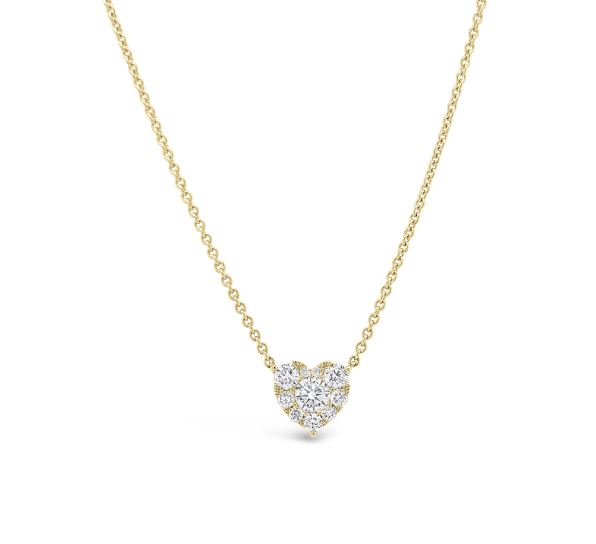 Heart-shaped diamond necklace, yellow gold chain.