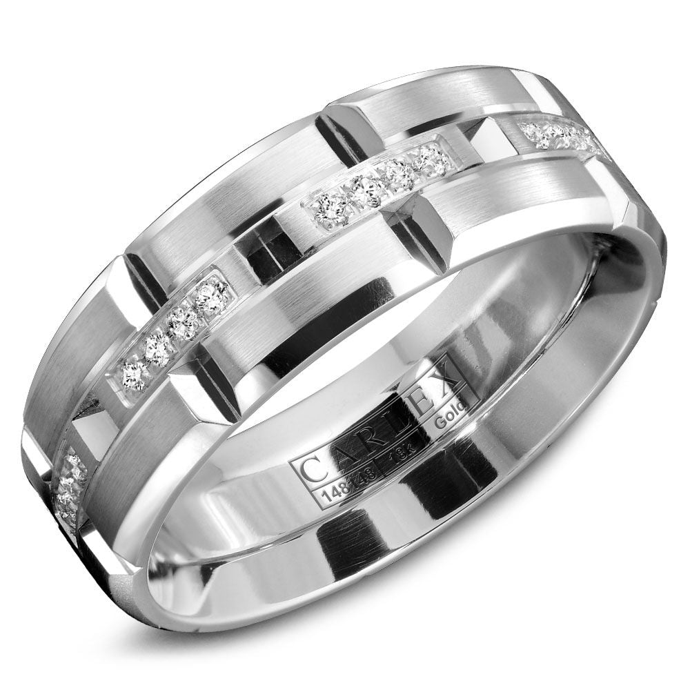 14K white gold band with round diamonds.