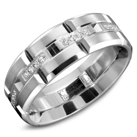 14K white gold band with round diamonds.