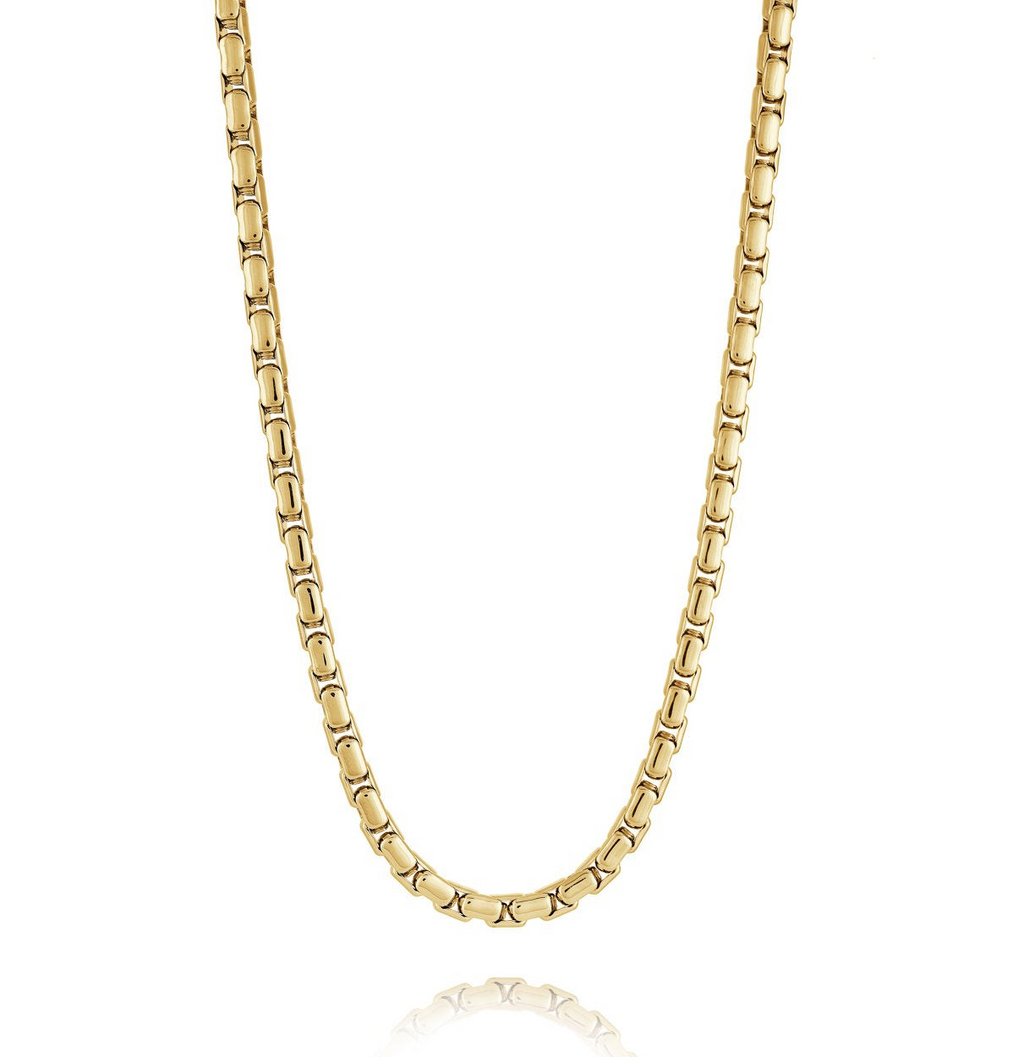 Yellow stainless steel round box chain.