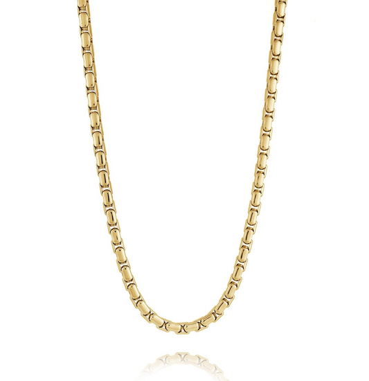 Yellow stainless steel round box chain.