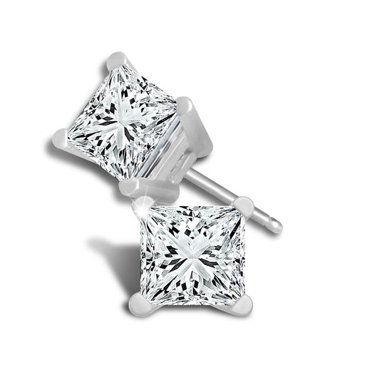 Princess-cut diamond stud earrings in white gold.