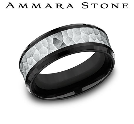 Titanium band, hammered white center, black edges.