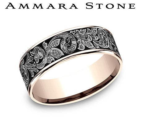 Tantalum grey rose carved men's band.
