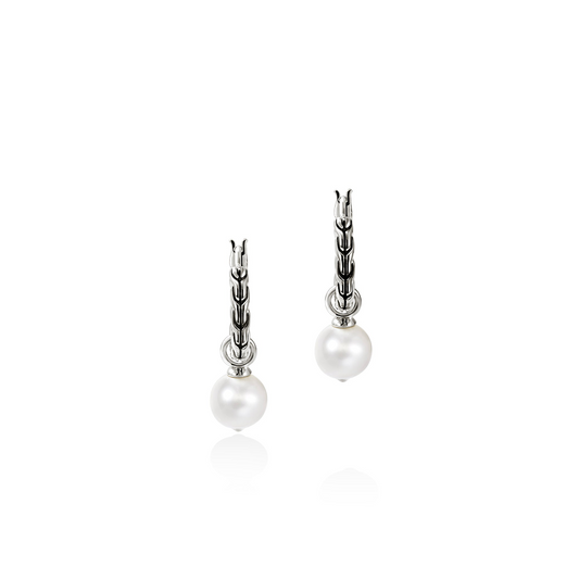 Sterling silver hoops with cultured pearls.