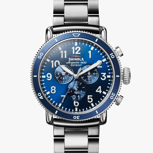 Blue dial stainless steel chronograph watch.