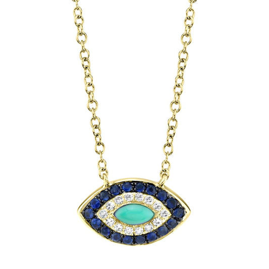 Evil eye necklace with sapphire, turquoise, diamonds.