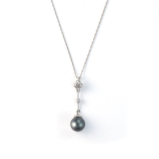 Drop M Estate Collection Color Gemstone Necklace in 14 Karat White with 1 Tahitian Pearl