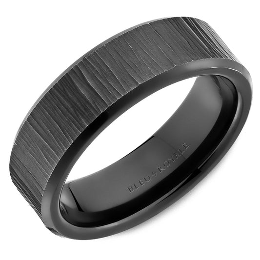 Textured 14K white-black gold carved band.