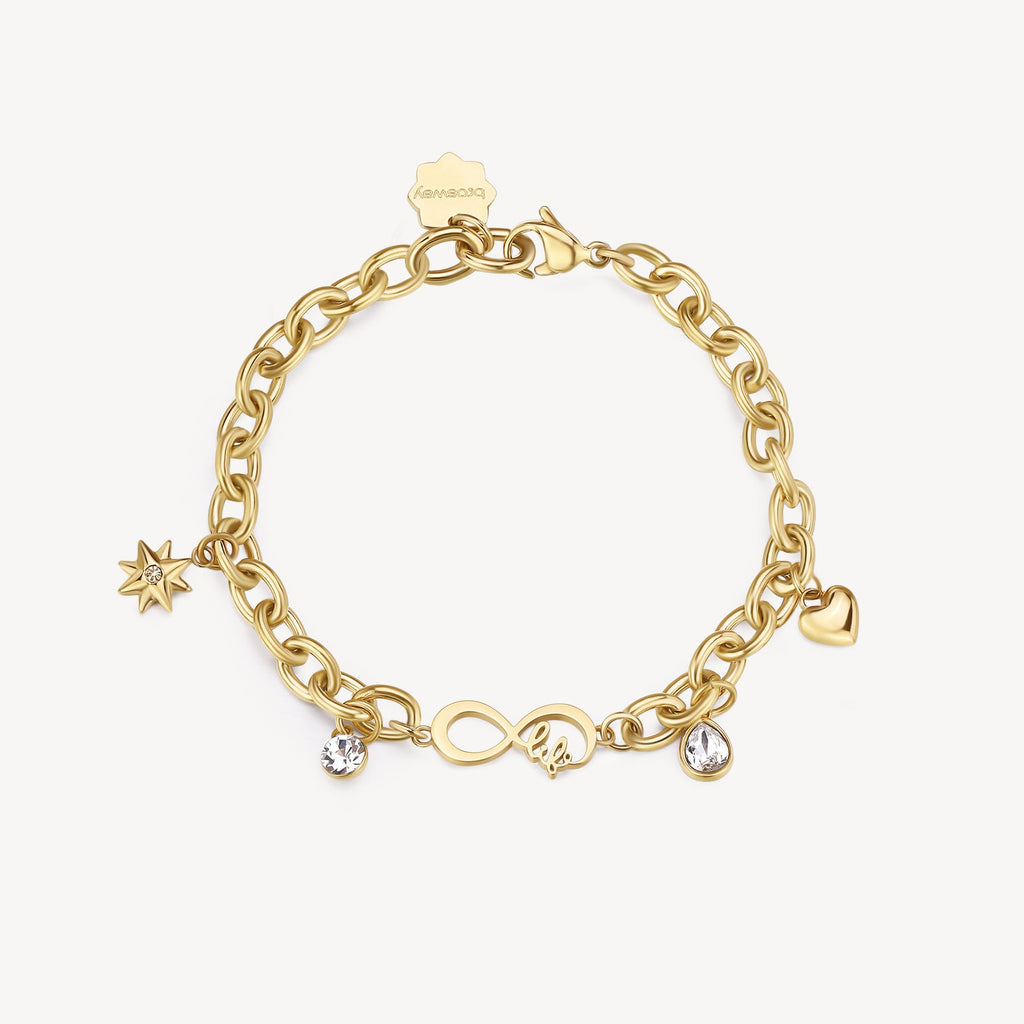 Yellow stainless steel bracelet with charms.