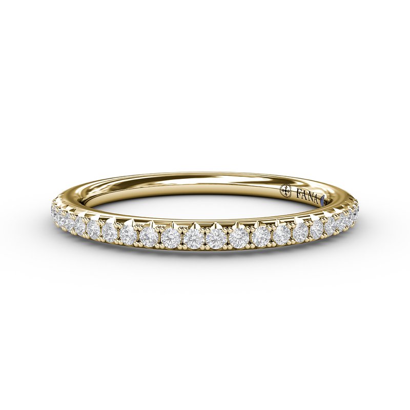 14K yellow gold band with round diamonds.