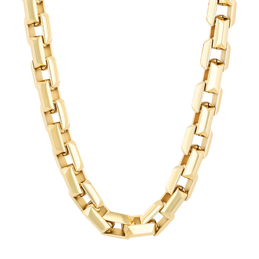Yellow stainless steel fancy link chain.