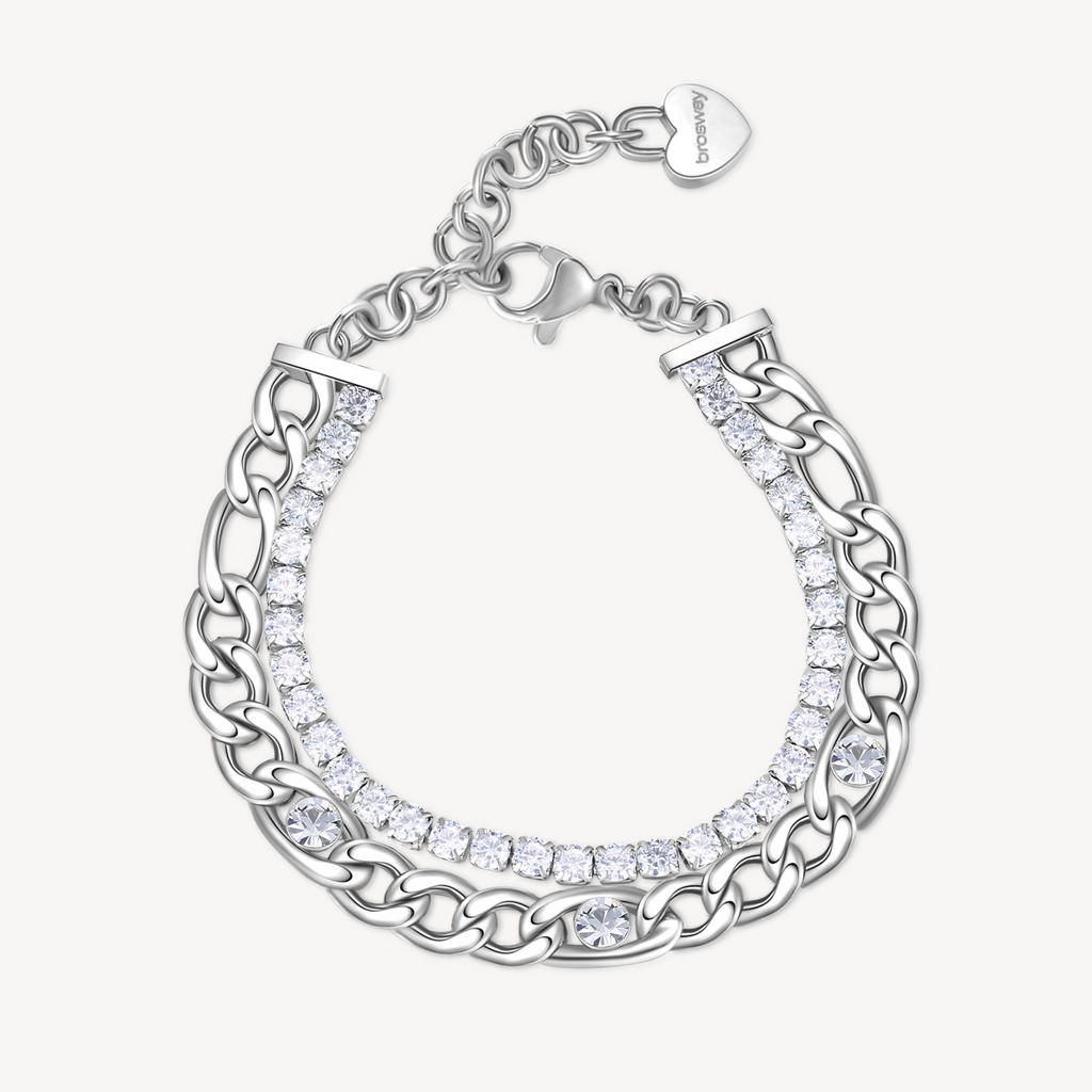 Multi-strand stainless steel bracelet with simulated diamonds.
