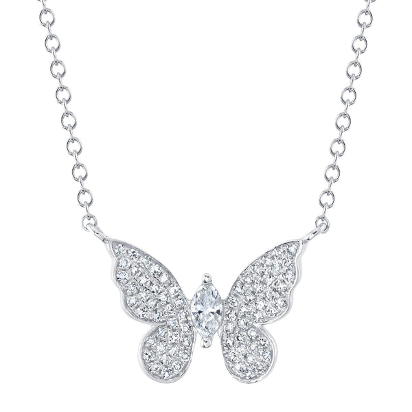 Butterfly-shaped diamond necklace in white gold.