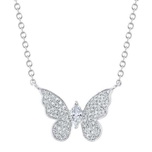 Butterfly-shaped diamond necklace in white gold.