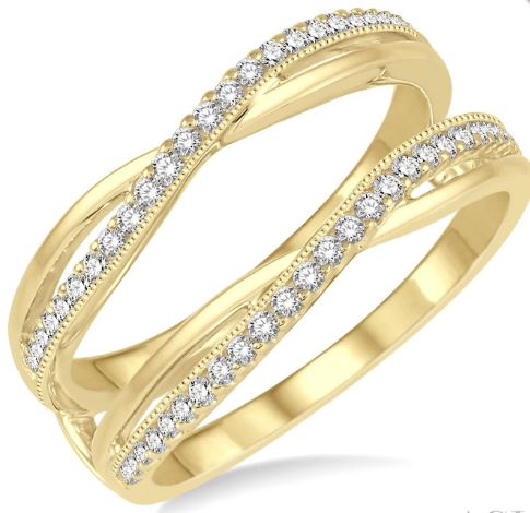 14K yellow gold band with round diamonds.