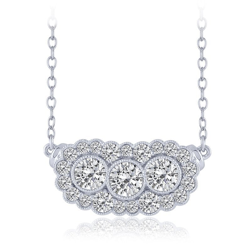 14K white gold necklace, diamond cluster pendant.