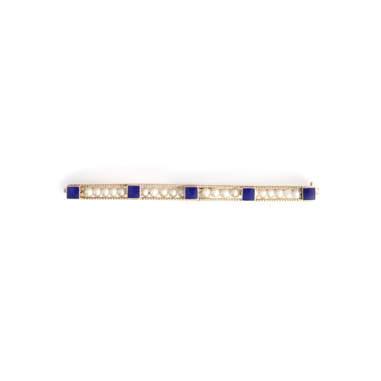 Seed pearl and blue enamel vintage bar pin.