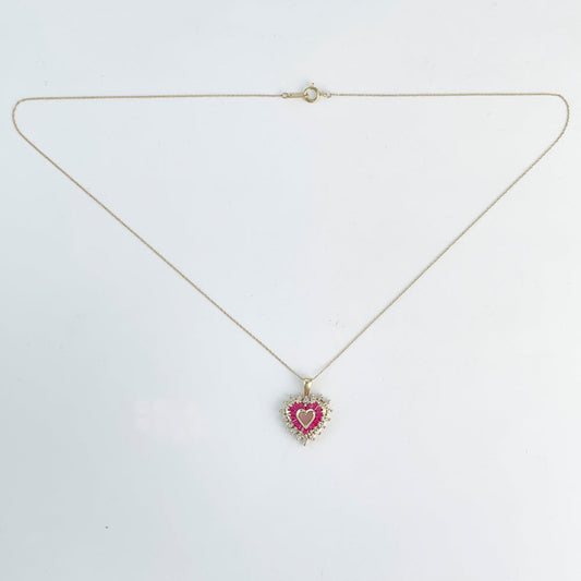 ReMARKable Estate Heart Pendant Color Gemstone Necklace in 10 Karat Yellow Gold with 18 Baguette Lab Created Rubies 0.85ctw