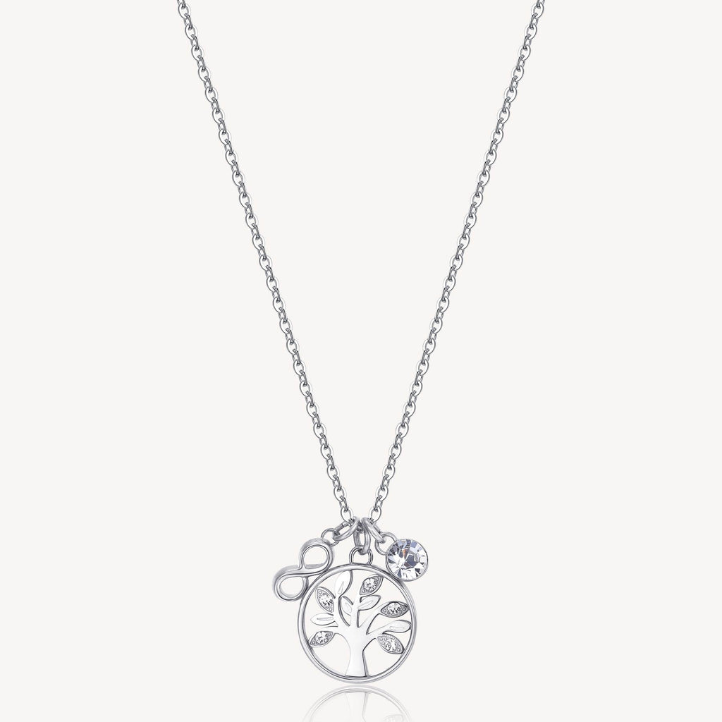 Tree pendant with simulated diamond, infinity charm.