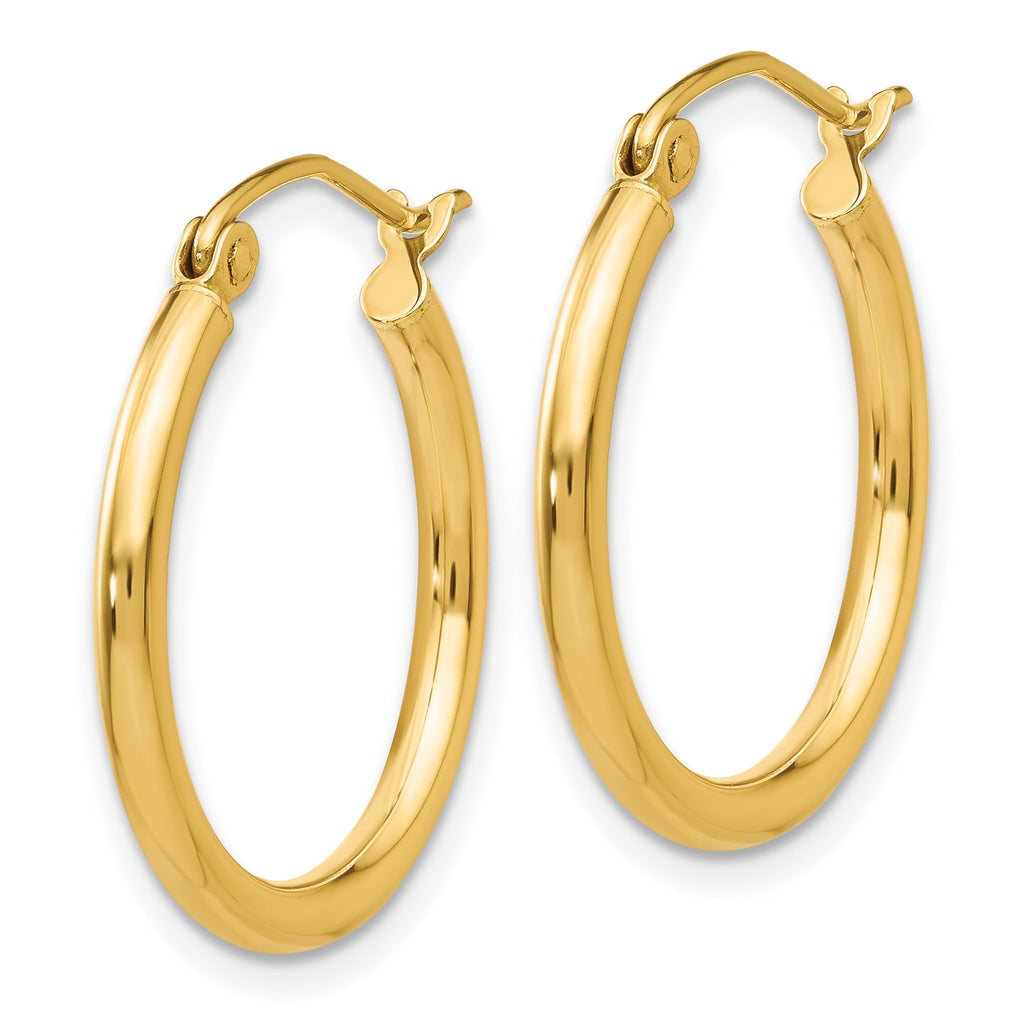 14K yellow gold polished hoop earrings.