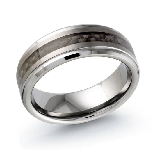 Tungsten carbide band, white-black, polished finish.