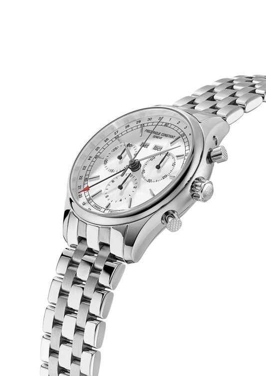 Stainless steel watch with white chronograph dial.