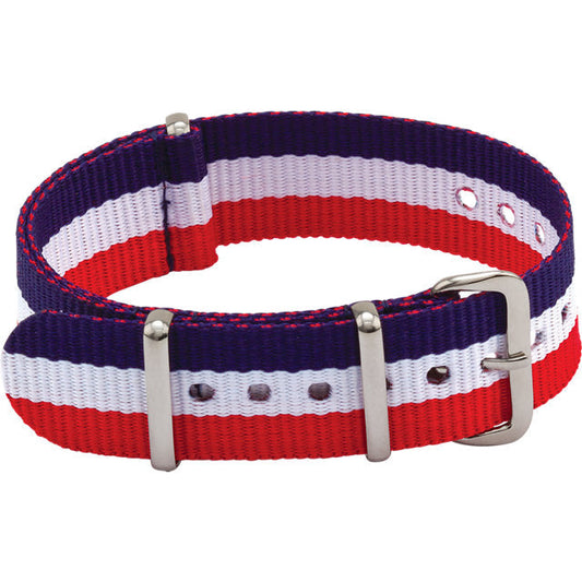 Red, white, blue striped nylon watch band.