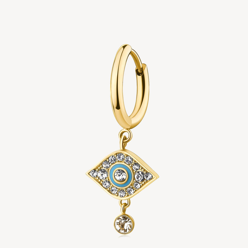 Gold-plated eye-shaped dangle earring with crystals.