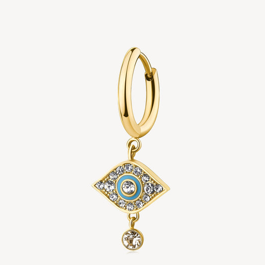 Gold-plated eye-shaped dangle earring with crystals.