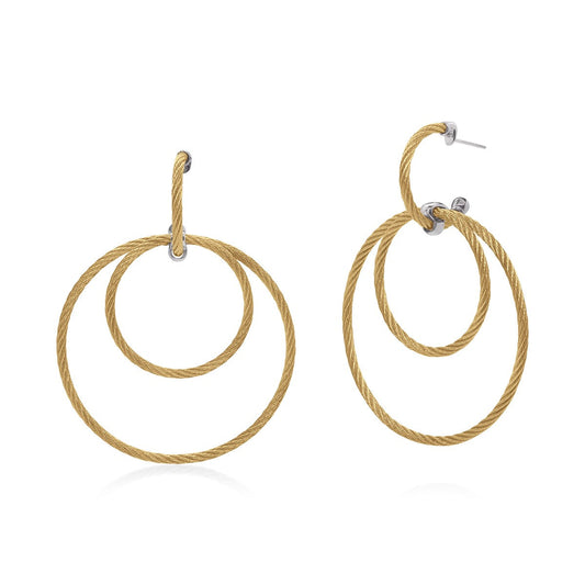 Yellow stainless steel cable drop earrings.