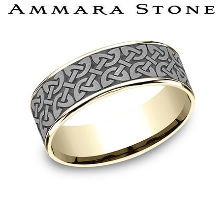 Tantalum yellow-grey carved men's band.