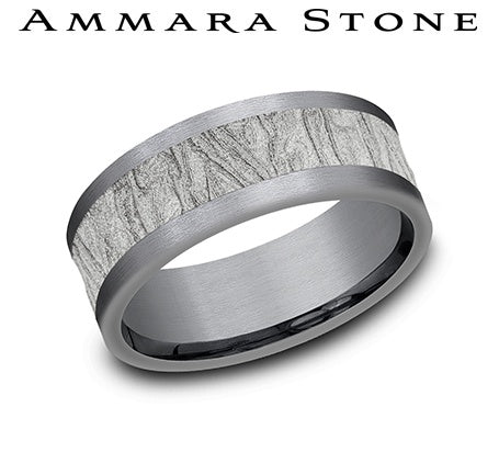 Tantalum white-grey carved men's band.