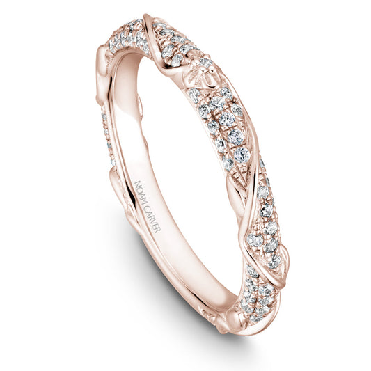 Rose gold band with diamond accents.