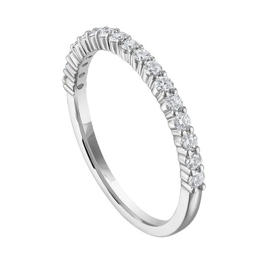 14K white gold band with round diamonds.