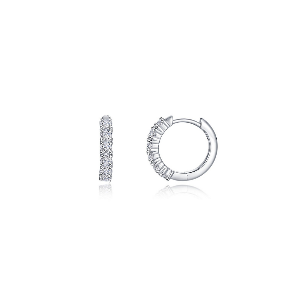 Sterling silver huggie earrings with simulated diamonds.