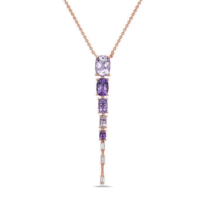Rose gold necklace with amethyst gemstones.