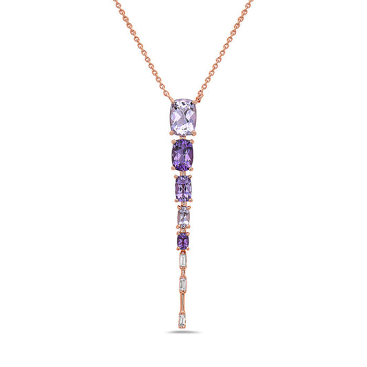 Rose gold necklace with amethyst gemstones.