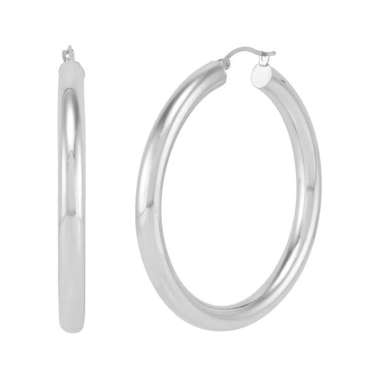 Polished 14K white gold large hoop earrings.