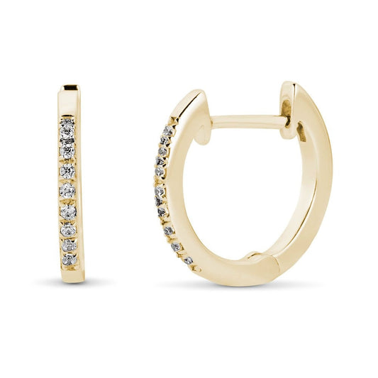 14K gold huggie earrings with round diamonds.