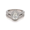ReMarkable Estate Halo Side Stone Natural Diamond Complete Wedding Set in 14 Karat White Gold with 1 Pear Diamond, Color: H, Clarity: SI2, totaling 0.75ctw