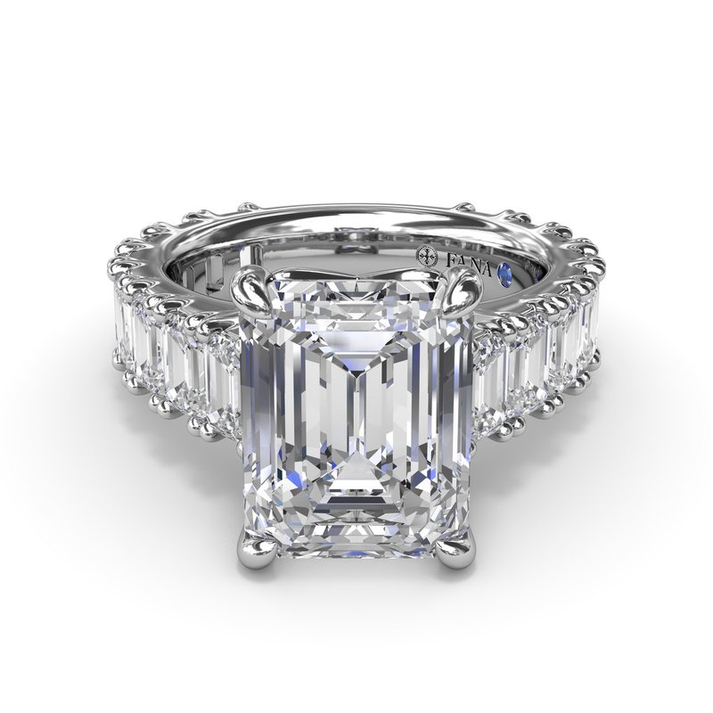 Emerald-cut diamond ring in white gold.