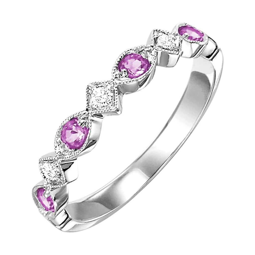 White gold band with pink sapphires.