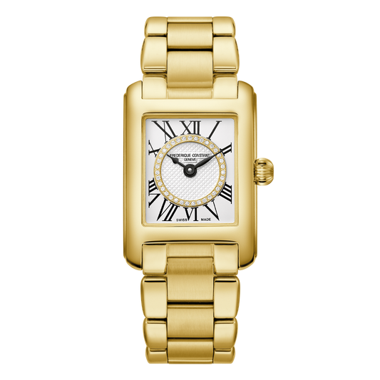Gold watch with diamond-accented silver dial.